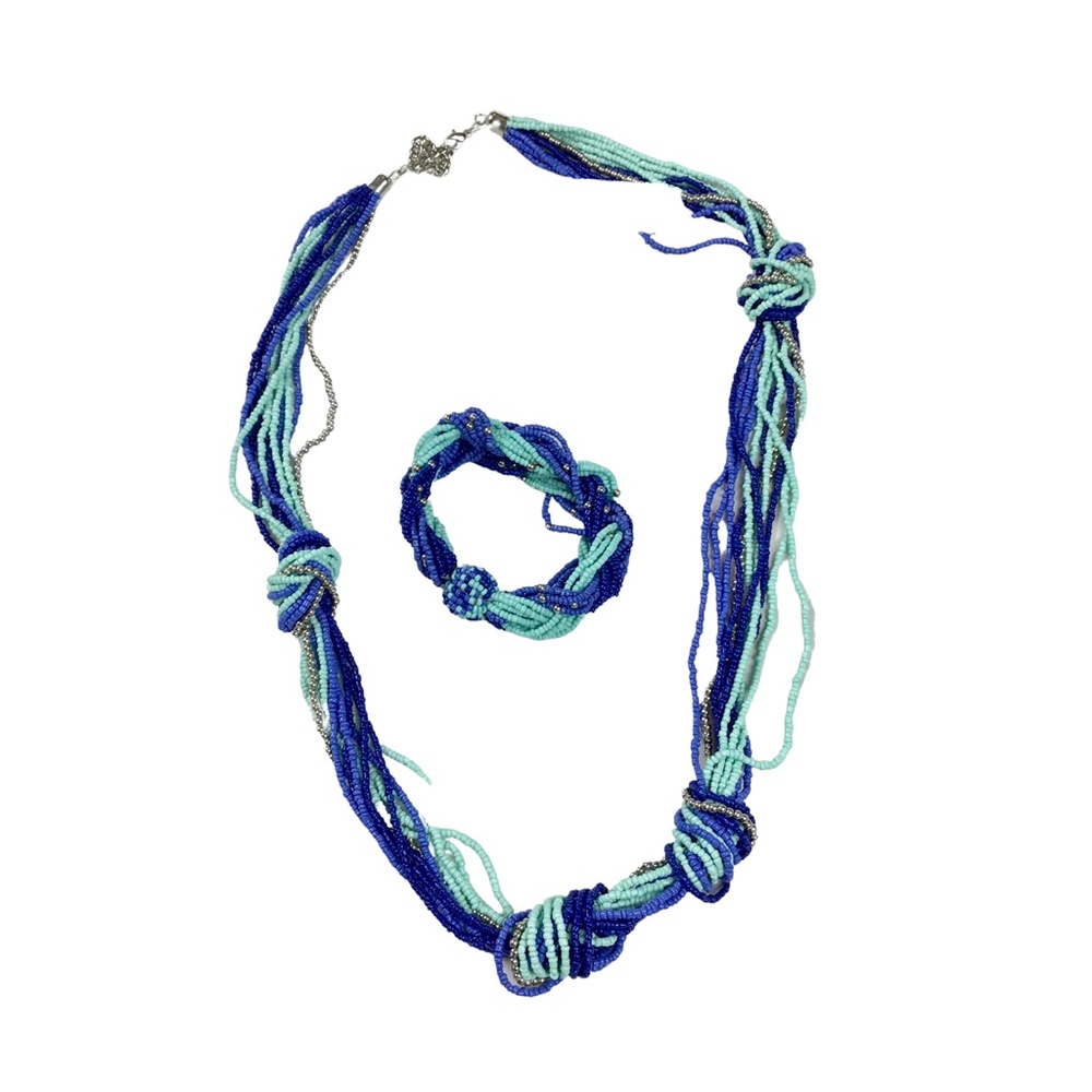 Blue and Silver Beaded Necklace, Matching Bracelet